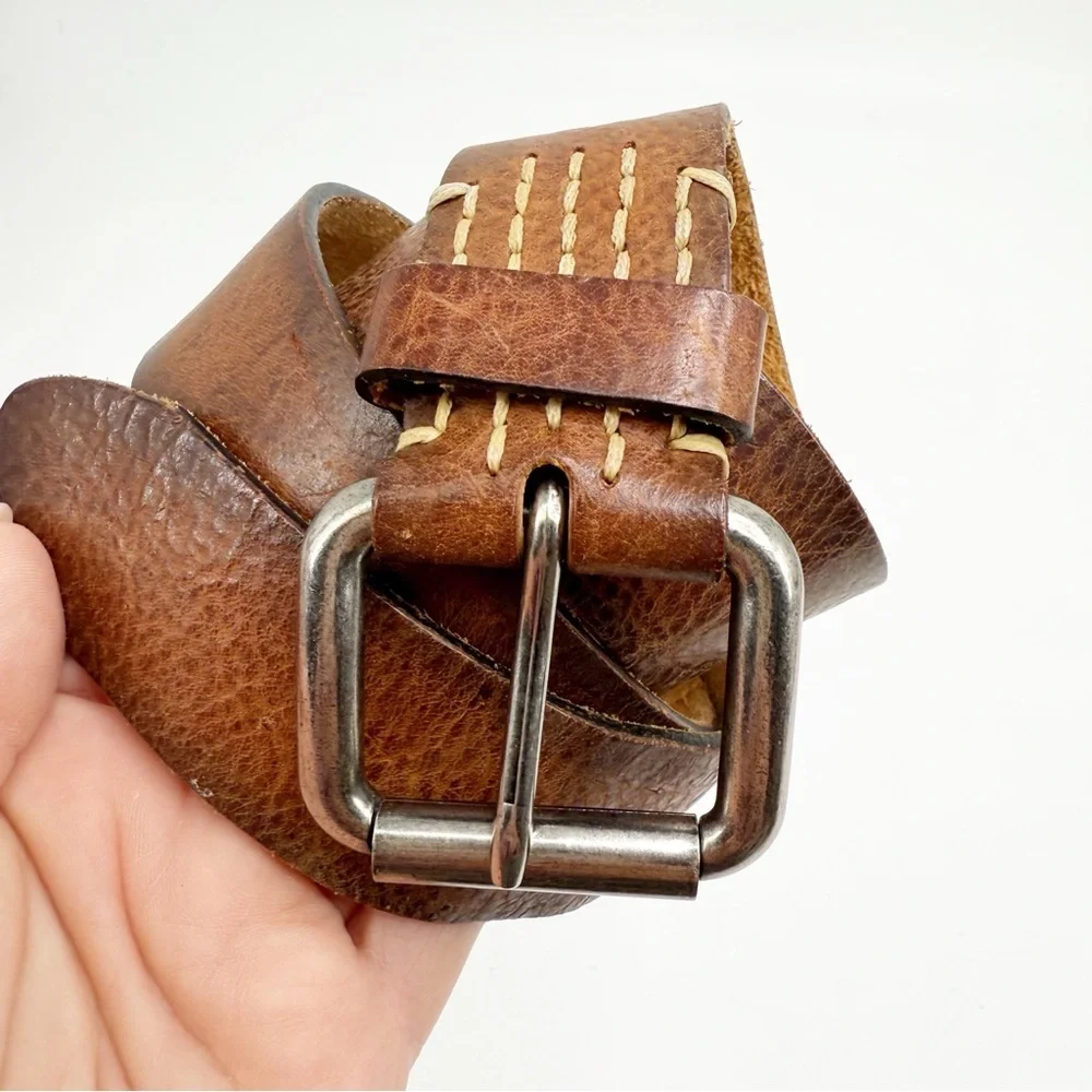 Genuine Leather Burnished Brown Belt with Rectangular Silver Buckle, Size 32